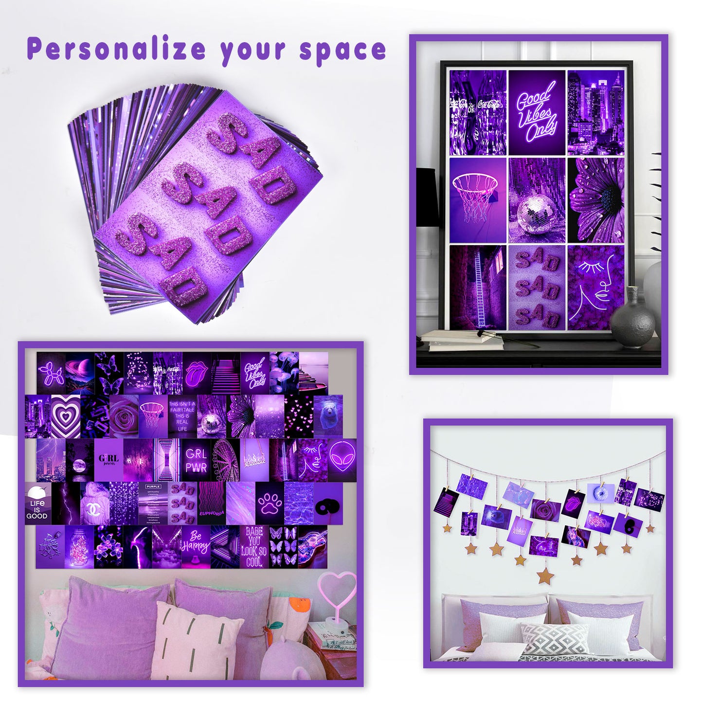 ANERZA Purple Wall Collage Kit Aesthetic Pictures, Room Decor for Bedroom Aesthetic, Posters for Room Aesthetic, Cute Neon Photo Wall Decorations for Teen Girls, Dorm Trendy Wall Art (70 pcs)