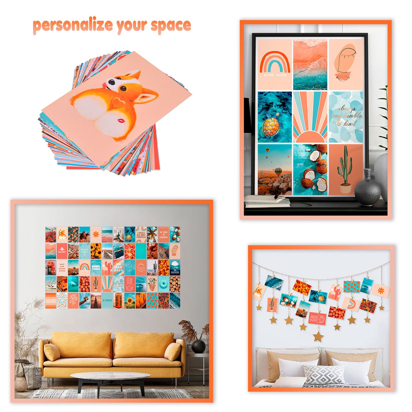 ANERZA 60 PCS Wall Collage Kit Aesthetic Pictures, Aesthetic Room Decor for Teen Girls, Photo Wall Decor, Vsco Trendy Bedroom Posters, Peach Teal Boho Wall Art, 4x6 inch