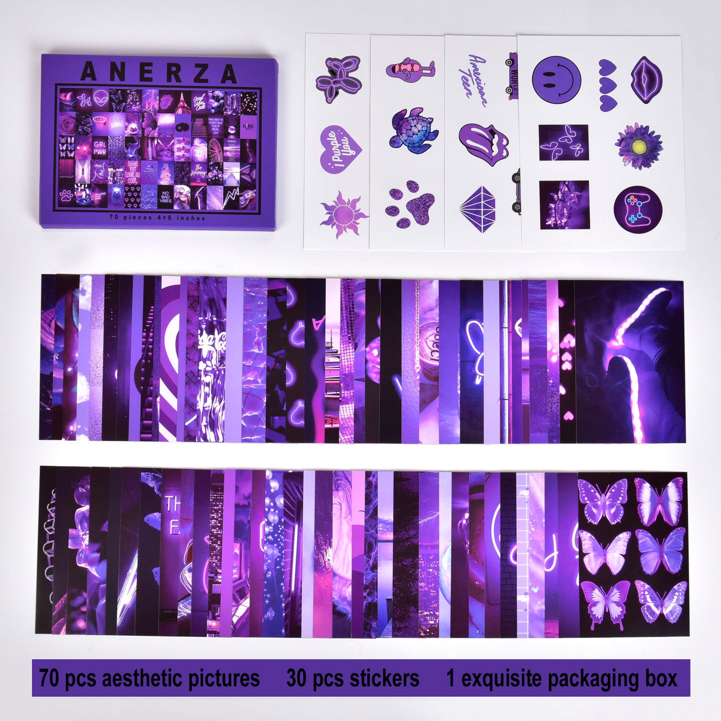 ANERZA Purple Wall Collage Kit Aesthetic Pictures, Room Decor for Bedroom Aesthetic, Posters for Room Aesthetic, Cute Neon Photo Wall Decorations for Teen Girls, Dorm Trendy Wall Art (70 pcs)