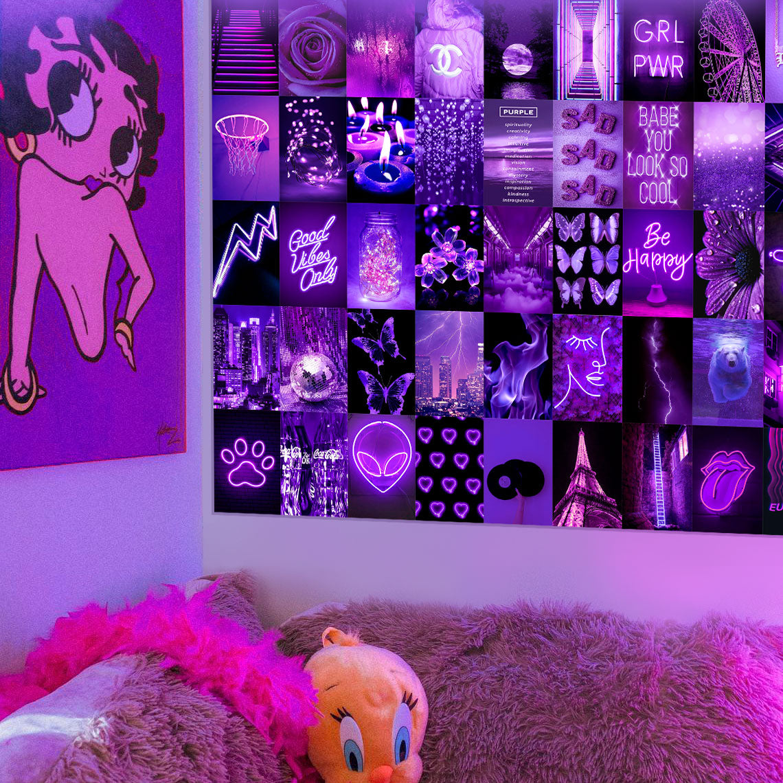 ANERZA Purple Wall Collage Kit Aesthetic Pictures, Room Decor for Bedroom Aesthetic, Posters for Room Aesthetic, Cute Neon Photo Wall Decorations for Teen Girls, Dorm Trendy Wall Art (70 pcs)
