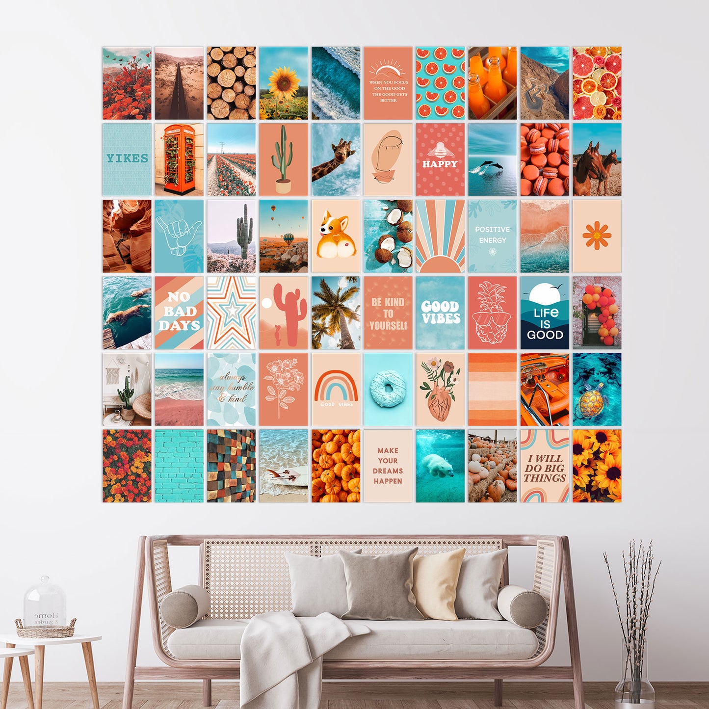 ANERZA 60 PCS Wall Collage Kit Aesthetic Pictures, Aesthetic Room Decor for Teen Girls, Photo Wall Decor, Vsco Trendy Bedroom Posters, Peach Teal Boho Wall Art, 4x6 inch
