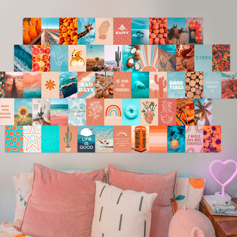 ANERZA 60 PCS Wall Collage Kit Aesthetic Pictures, Aesthetic Room Decor for Teen Girls, Photo Wall Decor, Vsco Trendy Bedroom Posters, Peach Teal Boho Wall Art, 4x6 inch